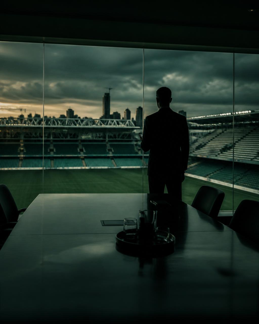 A club executive looking out over an empty stadium at dusk
