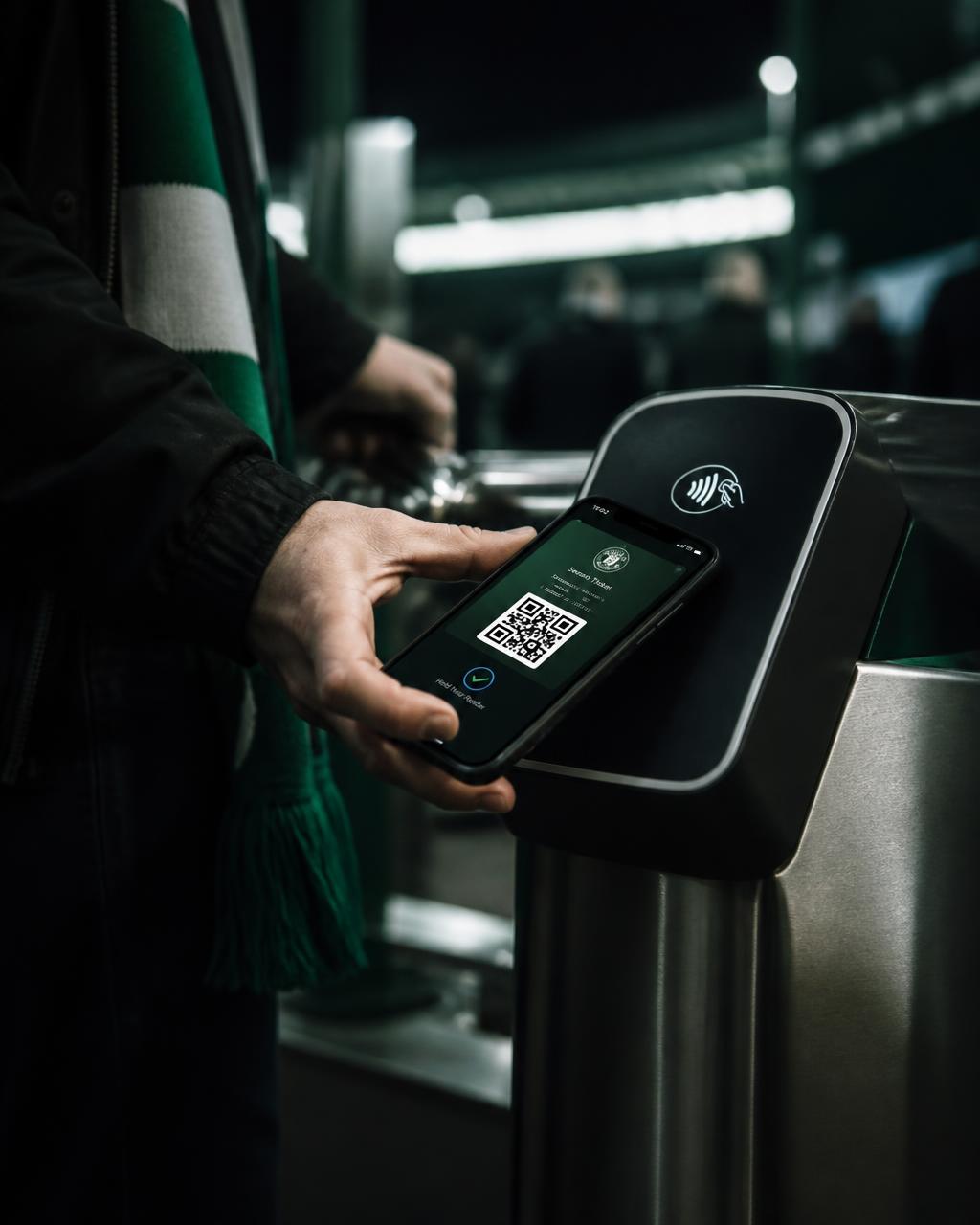 A supporter tapping a digital ticket on a stadium turnstile reader